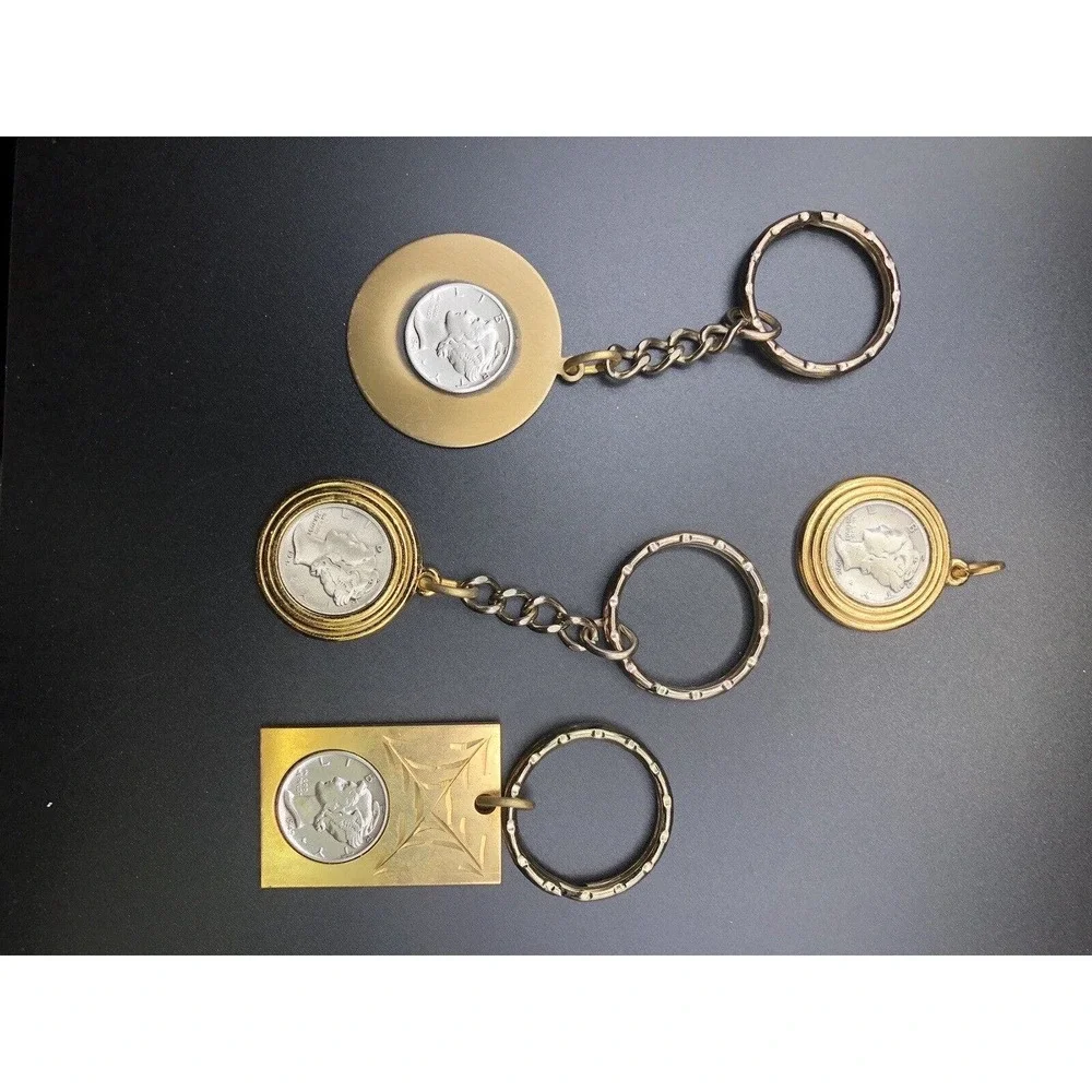 Lot Of 4 Liberty Dimes Coin In Vintage Gold-tone Keychains‎ Antique Coin